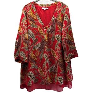 Rose & Olive Women's Top Size 1X Red Paisley Sheer Lined 3/4 Sleeve Pullover